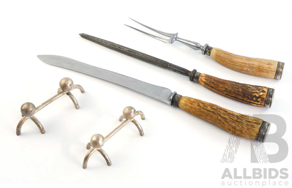 Vintage Wade Wingfield Rowbotham Steel Carving Knife, Fork and Steel; with Faux Bone Handles