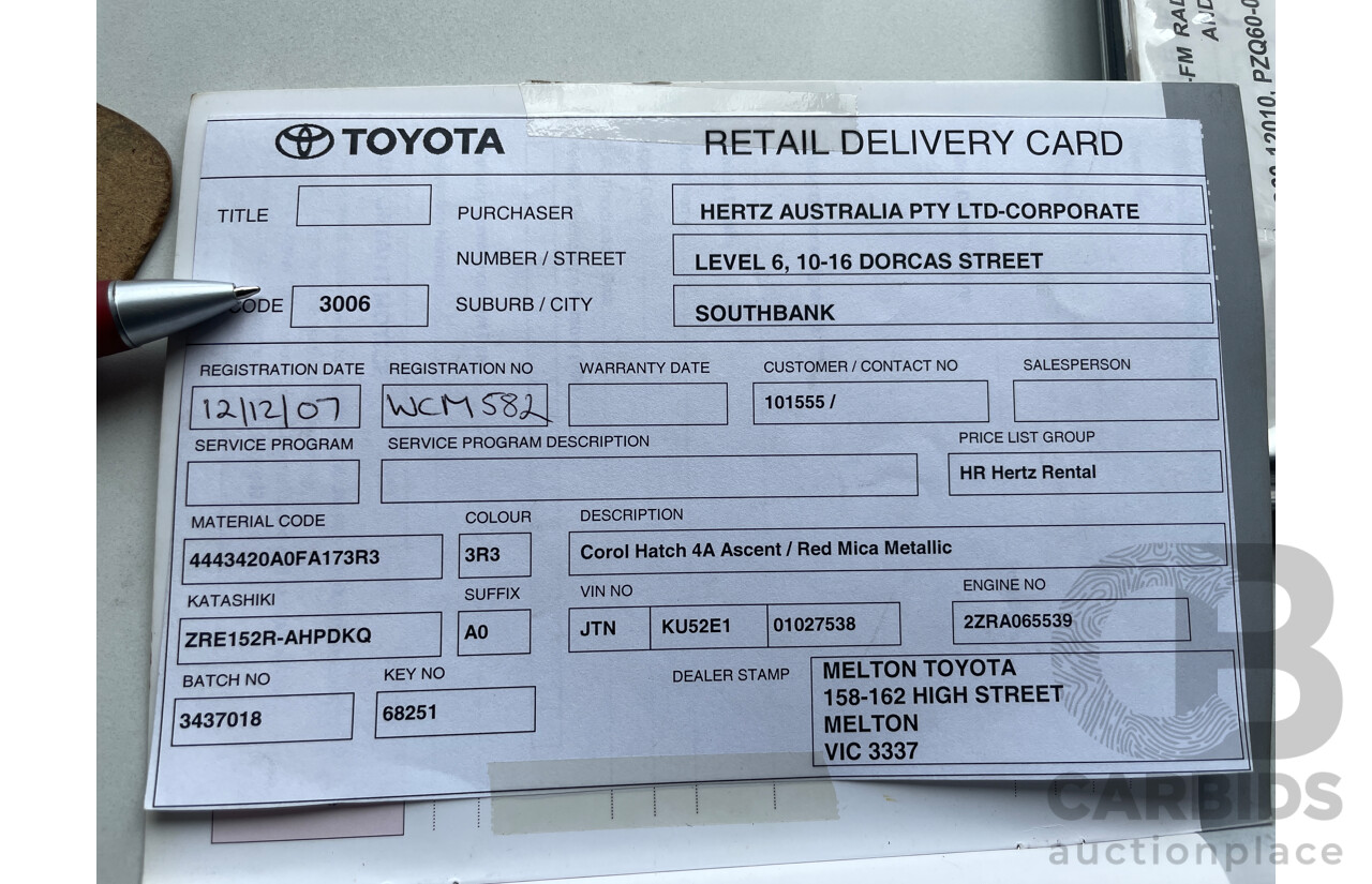 11/2007 Toyota Corolla Ascent ZRE152R 5d Hatchback Red 1.8L