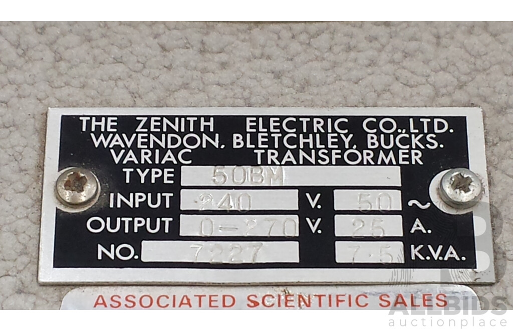 Zenith Electric Co Ltd Variac Transformer - Type 50BM