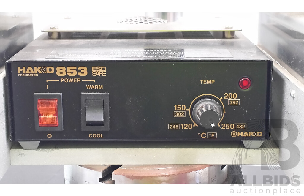 PACE PPS 95 BGA/SMD ThermoFlo Rework Station and Hakko 853 ESD Preheater With Pace Hot Air Handpiece and Clamp Stand Repair Platform