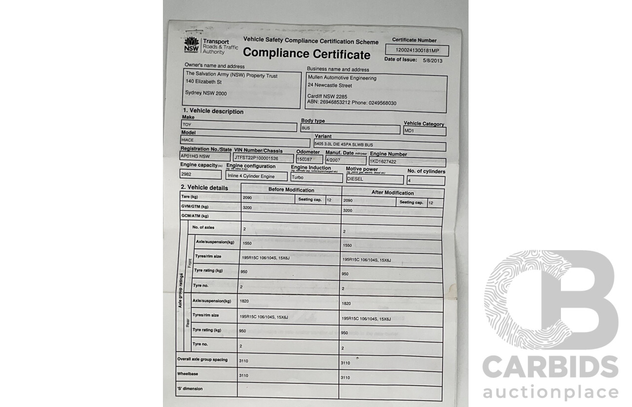 4/2007 Toyota Hiace Commuter KDH223R MY07 Bus White 3.0L Turbo Diesel - 12 Seater