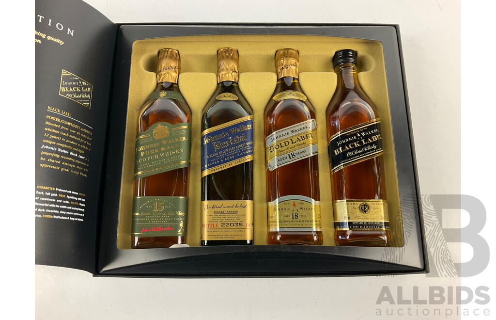 The Johnnie Walker Collection, 4 X 200ml Bottles of Green Label, Blue Label, Gold Label and Black Label in Original Presentation Box