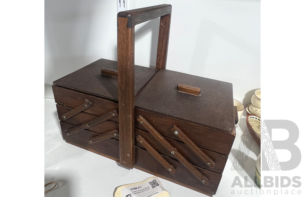 Vintage Cantilevered Wooden Sewing Box with Contents