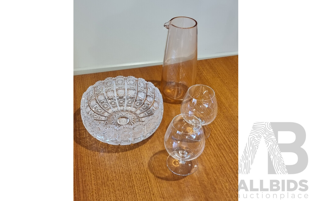 Collection of Crystal and Glassware Includes Beautiful Cut Crystal Bowl (Prague - Czech Rep.) and Others - Quantity of 4 Pieces