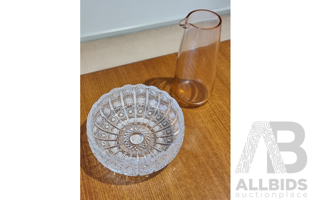 Collection of Crystal and Glassware Includes Beautiful Cut Crystal Bowl (Prague - Czech Rep.) and Others - Quantity of 4 Pieces