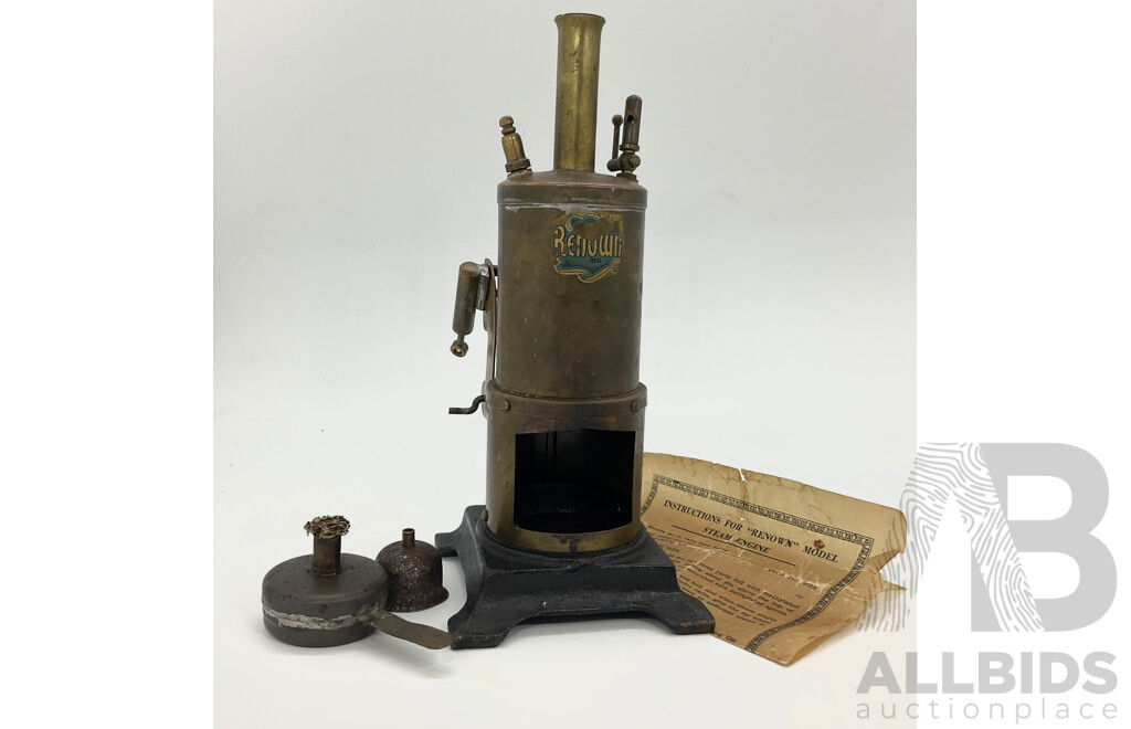 Vintage Renown Brass and Cast Iron Base Steam Engine Vertical Boiler, Made in Sydney With Burner Tray and Instructions