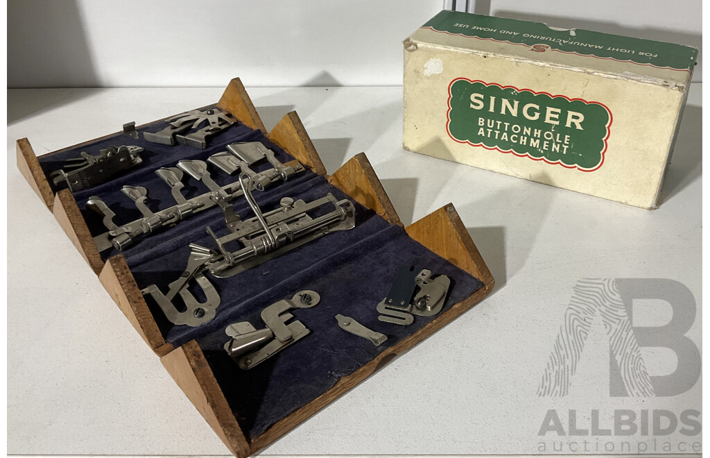 Vintage Sunger Buttonhole Attachment and Timber Roll Case of Sewing Machine Presser Feet
