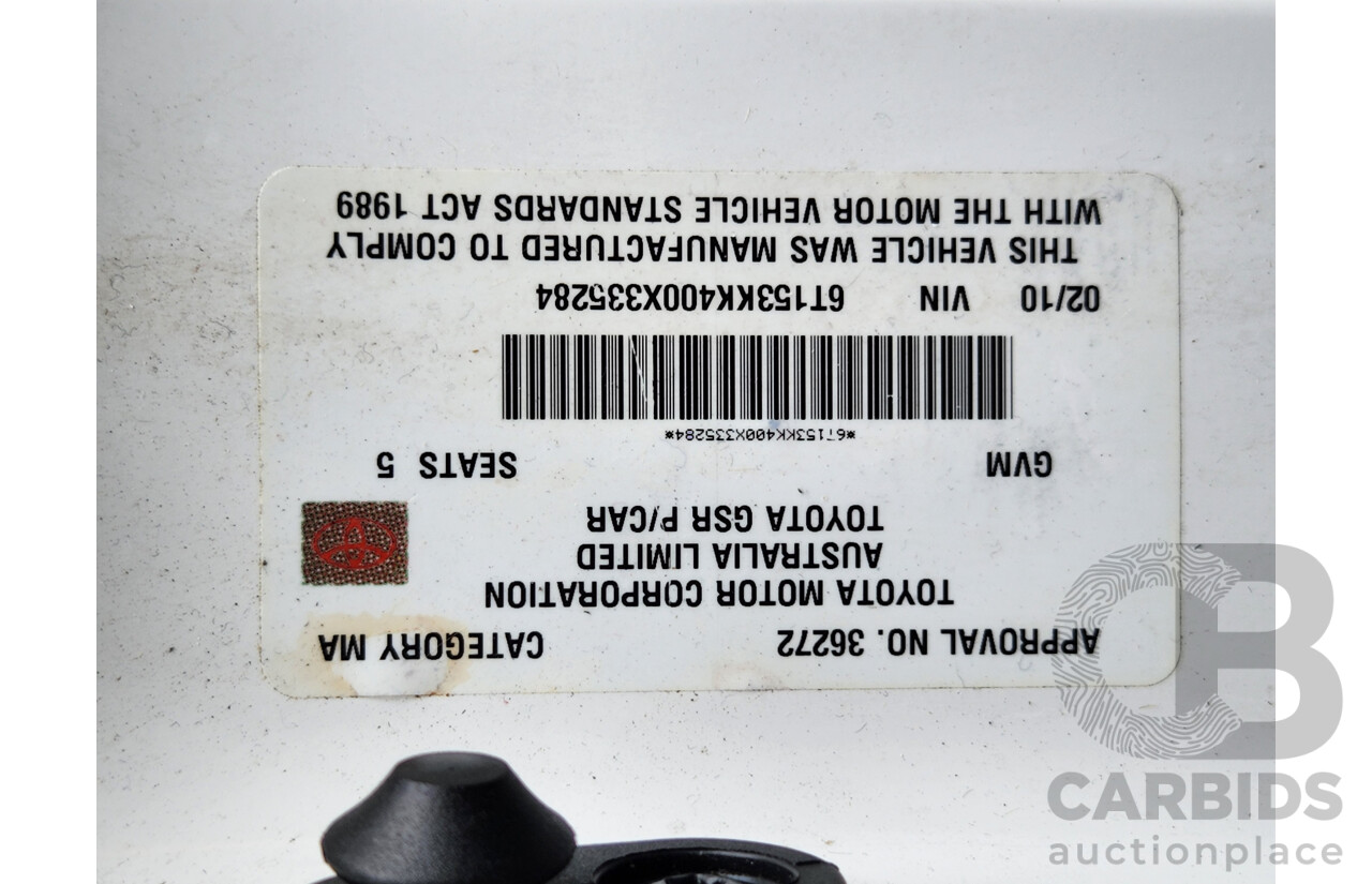 2/2010 Toyota Aurion AT-X GSV40R 09 UPGRADE 4d Sedan Diamond White 3.5L