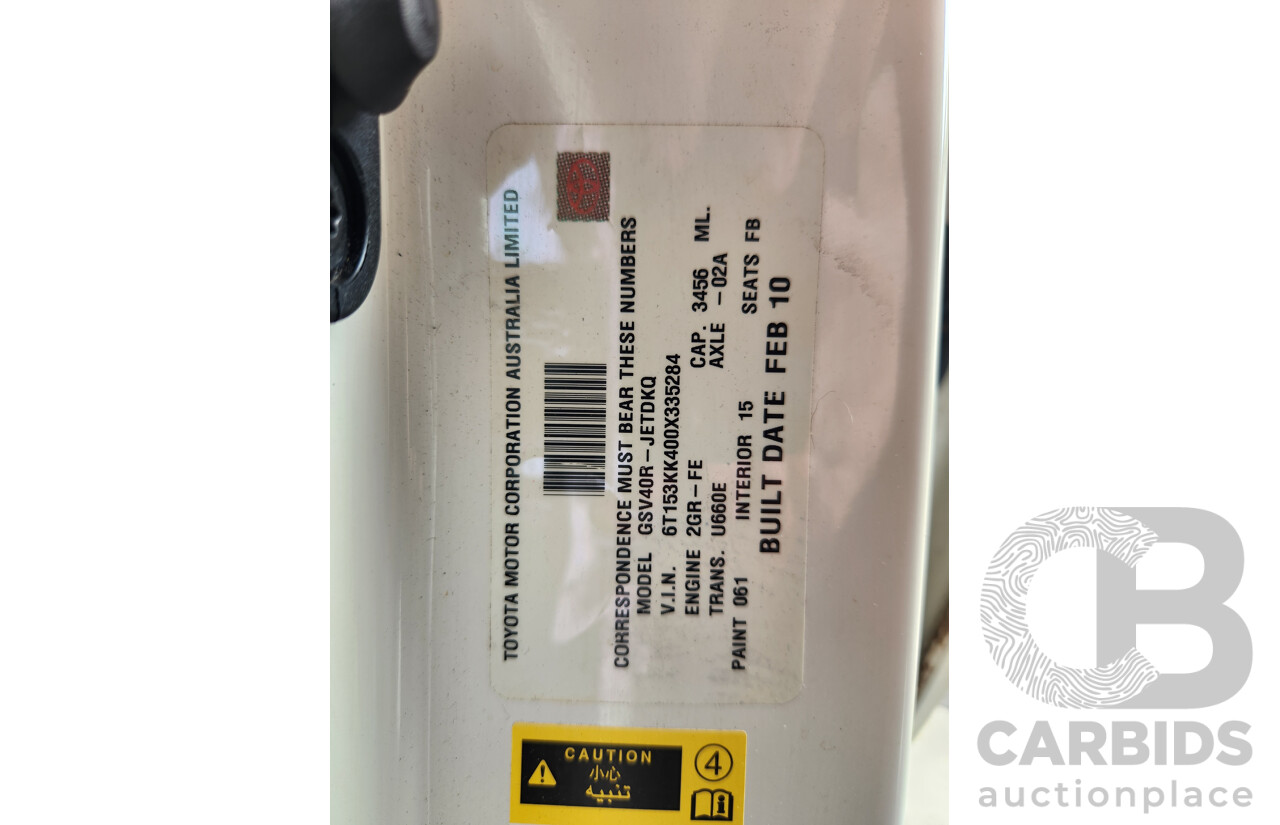 2/2010 Toyota Aurion AT-X GSV40R 09 UPGRADE 4d Sedan Diamond White 3.5L