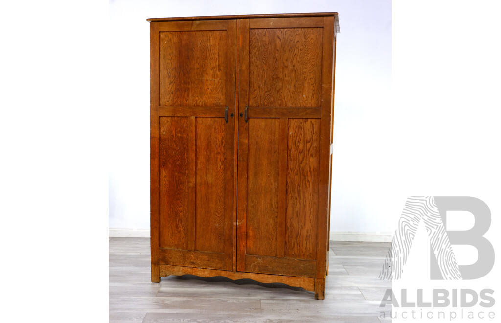 Antique American Oak Wardrobe With Drawers and Shelves