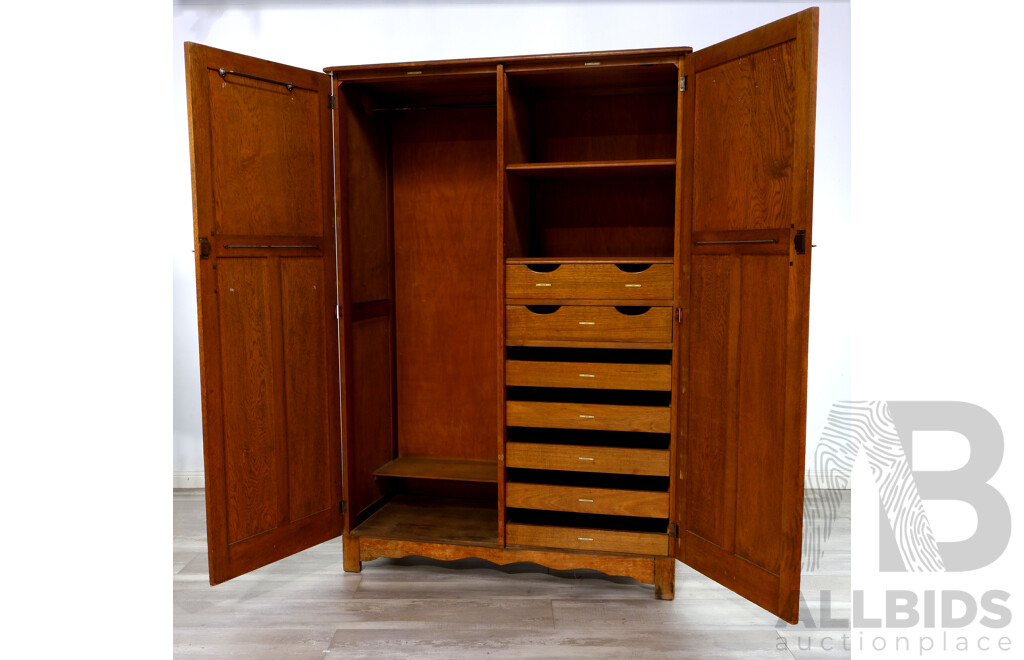 Antique American Oak Wardrobe With Drawers and Shelves