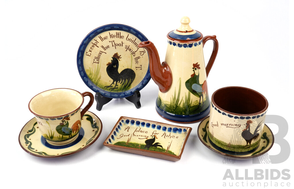 Seven Pieces Antique Hand Painted Torquay Ware Including Lidded Coffee Pot with Ashtray, All in Cockerel Motif