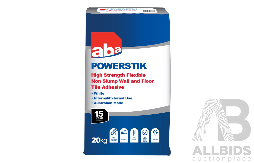 ABA Powerstik High Strength Flexible Non Slump Wall and Floor Tile Adhesive(20kg Bag) - Lot of Four - Brand New - RRP $180.00