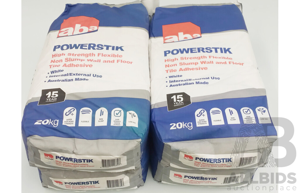 ABA Powerstik High Strength Flexible Non Slump Wall and Floor Tile Adhesive(20kg Bag) - Lot of Four - Brand New - RRP $180.00