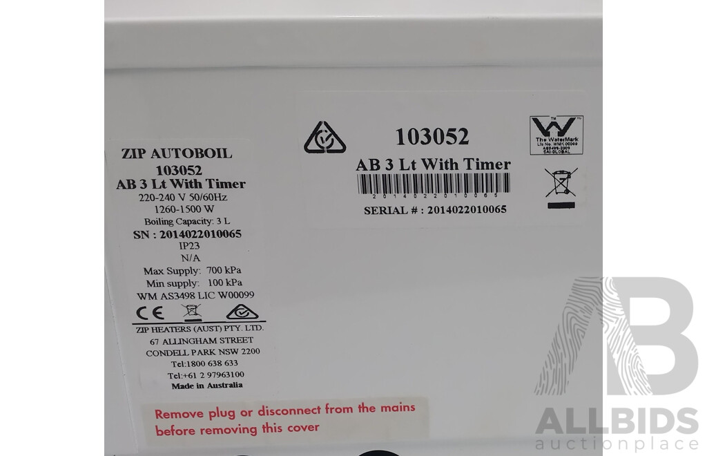 Zip Autoboil Wall Mounted 3 Litre Instant Boiling Unit With Timer - New