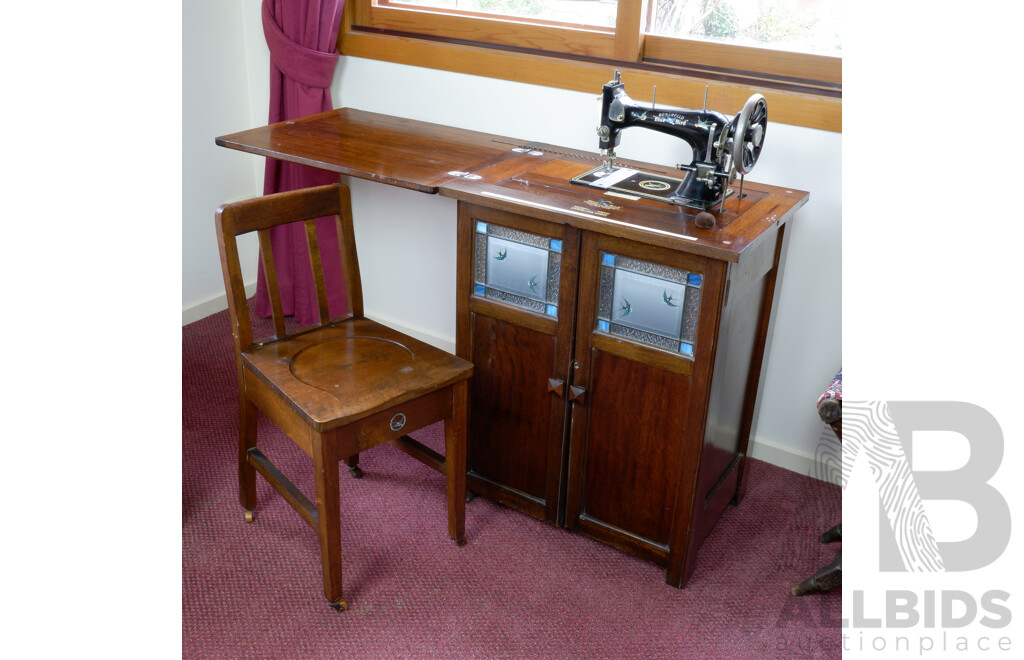 Fabulous Bebarfald Vickers Bluebird Sewing Machine and Bureau With Blue Bird Stained Glass Panels and Bluebird Chair, British Empire Exhibition Model, Circa 1929