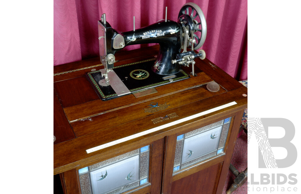 Fabulous Bebarfald Vickers Bluebird Sewing Machine and Bureau With Blue Bird Stained Glass Panels and Bluebird Chair, British Empire Exhibition Model, Circa 1929