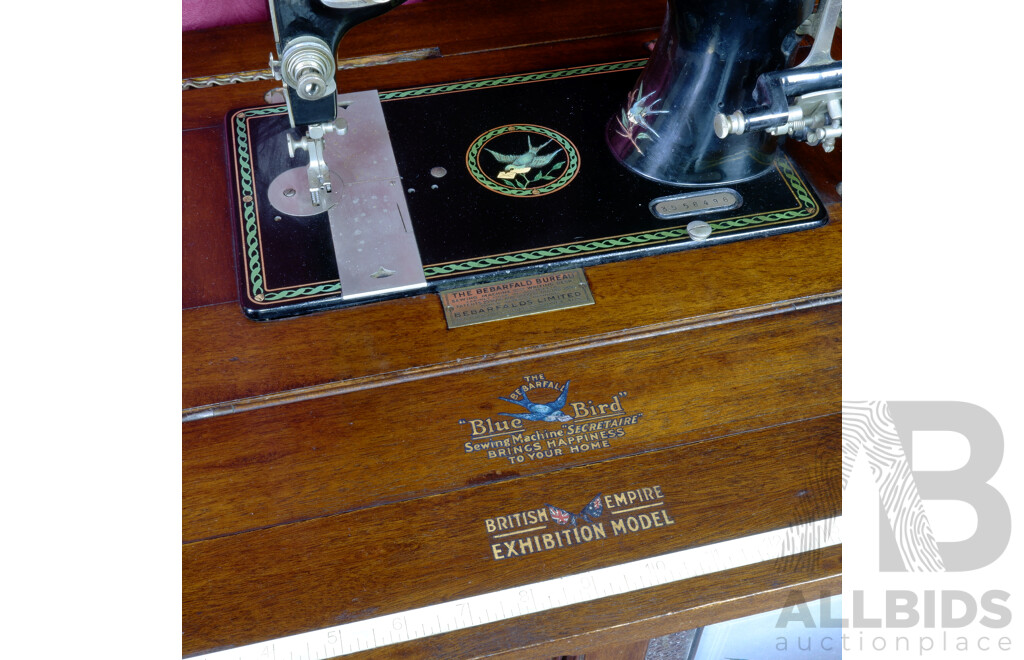 Fabulous Bebarfald Vickers Bluebird Sewing Machine and Bureau With Blue Bird Stained Glass Panels and Bluebird Chair, British Empire Exhibition Model, Circa 1929