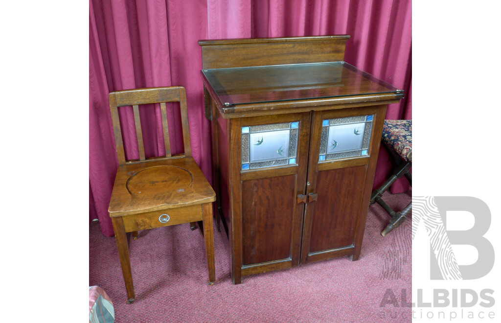 Fabulous Bebarfald Vickers Bluebird Sewing Machine and Bureau With Blue Bird Stained Glass Panels and Bluebird Chair, British Empire Exhibition Model, Circa 1929