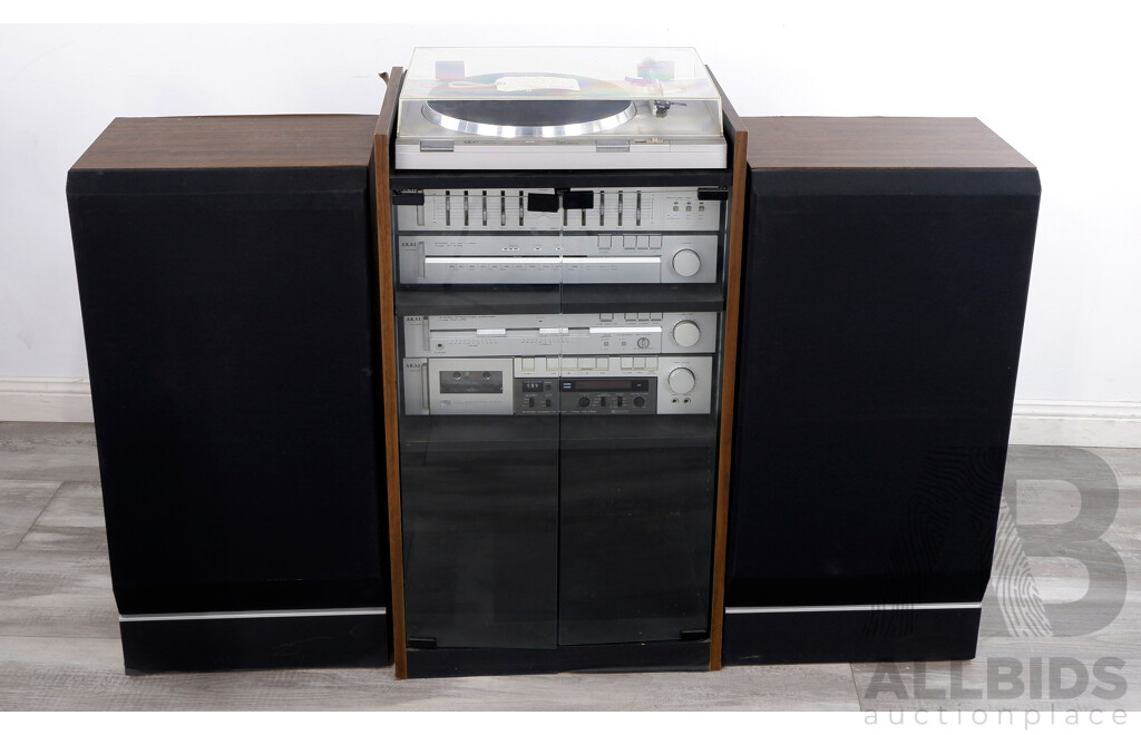 Complete 1980's Akai Stereo System Including Glass Front Cabinet and Speakers
