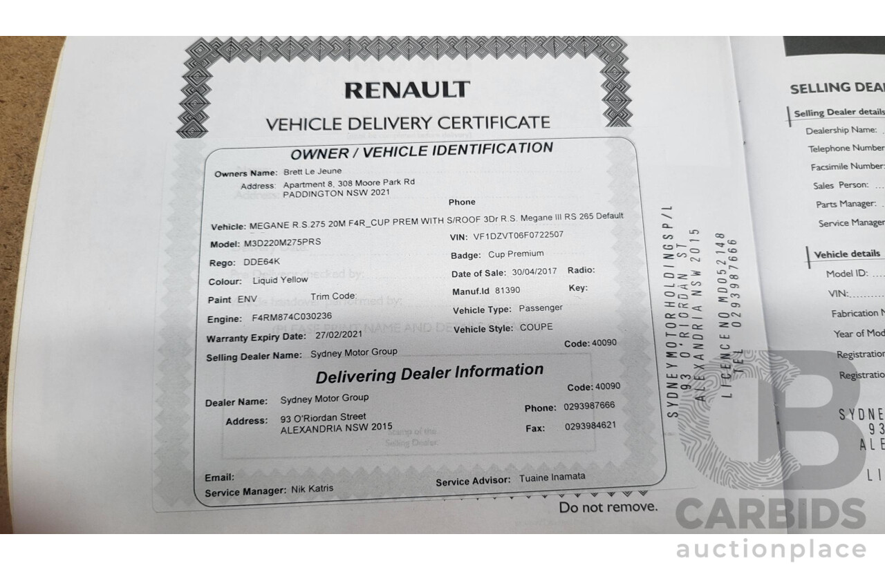 2/2016 Renault Megane RS 275 CUP Premium X95 MY15 3d Hatchback Liquid Yellow Metallic 2.0L Turbo