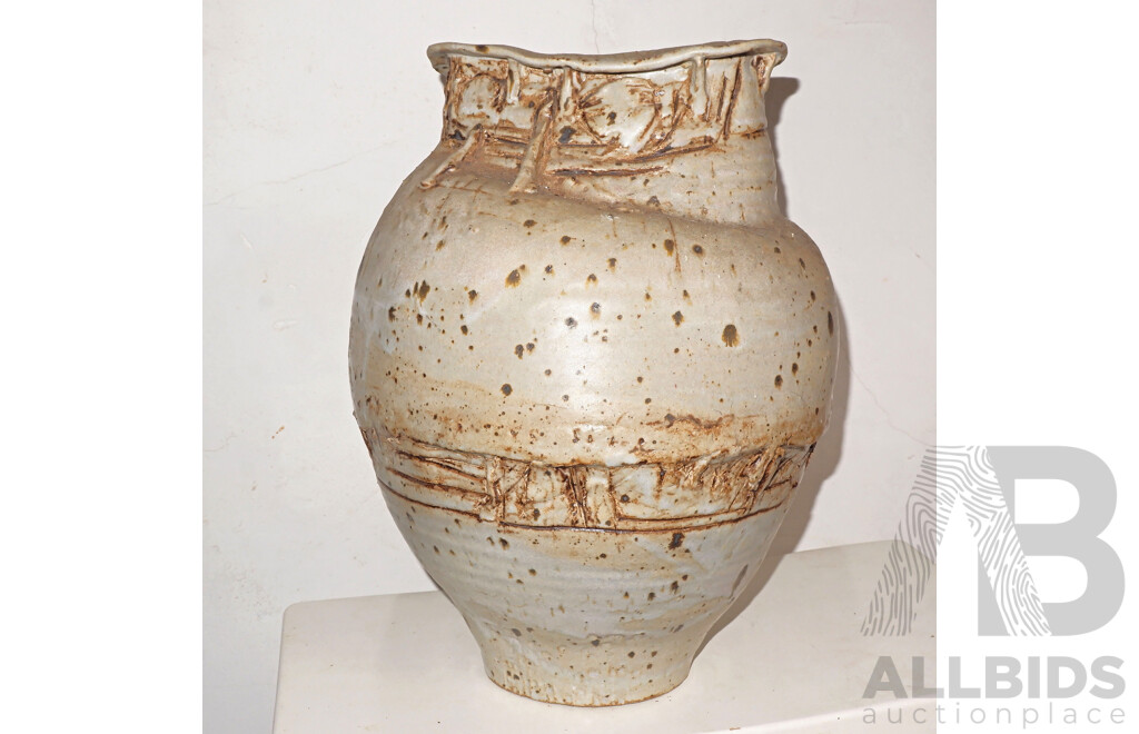 Gus McLaren (1923-2008) Large Unusual Hand Built Stoneware Vase, Painted Signature Gus McLaren 75, Height 36cm