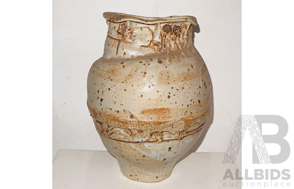 Gus McLaren (1923-2008) Large Unusual Hand Built Stoneware Vase, Painted Signature Gus McLaren 75, Height 36cm