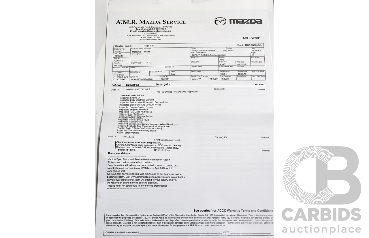 7/2013 Alfa Romeo Mito Progression  3d Hatchback Red 1.4L