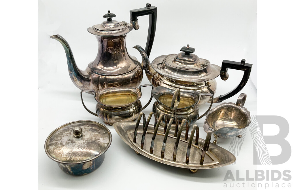 Seven Vintage Silver Plate Tea and Coffee Jugs, Toast Rack and Others One by Phoenix Plate, Australia