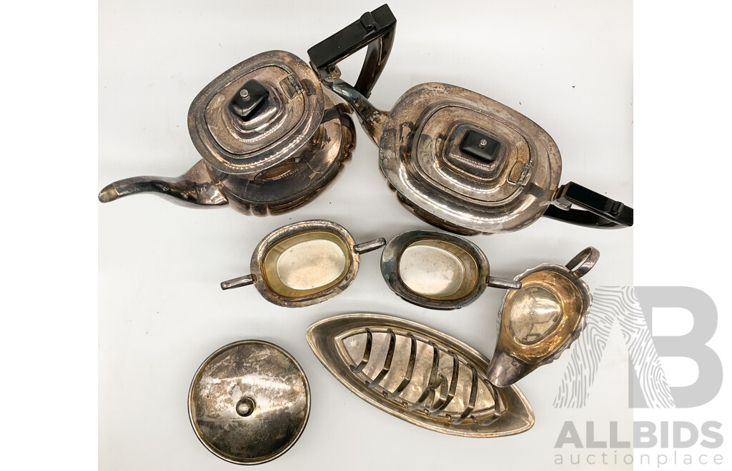 Seven Vintage Silver Plate Tea and Coffee Jugs, Toast Rack and Others One by Phoenix Plate, Australia