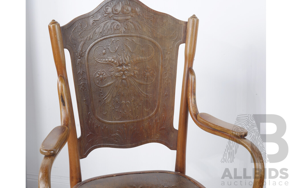 Fantastic Pair Antique Art Nouveau Josef and Jacob Kohn Bentwood Carvers with Press Moulded Backs and Seats with Green Man Motif, Circa 1890
