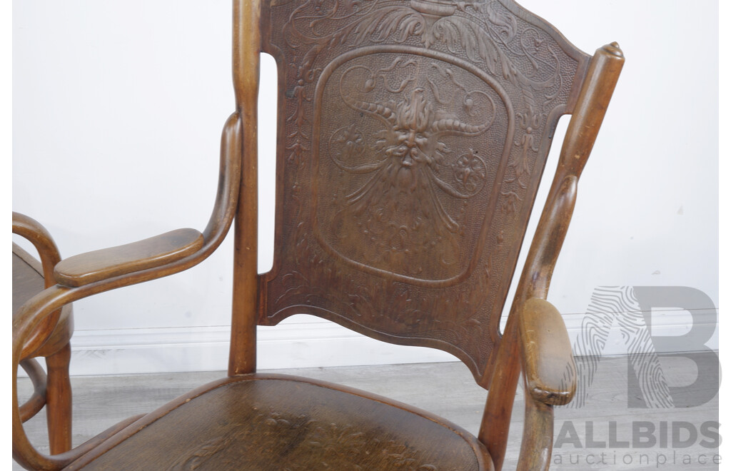 Fantastic Pair Antique Art Nouveau Josef and Jacob Kohn Bentwood Carvers with Press Moulded Backs and Seats with Green Man Motif, Circa 1890
