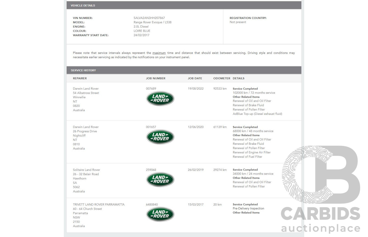 2/2017 Range Rover Evoque TD4 180 SE LV MY16 5d Wagon Blue 2.0L Turbo Diesel