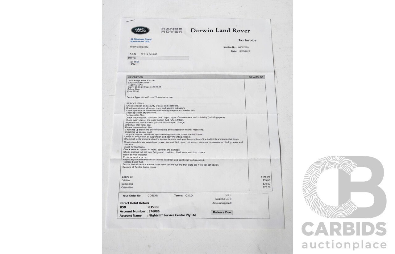 2/2017 Range Rover Evoque TD4 180 SE LV MY16 5d Wagon Blue 2.0L Turbo Diesel