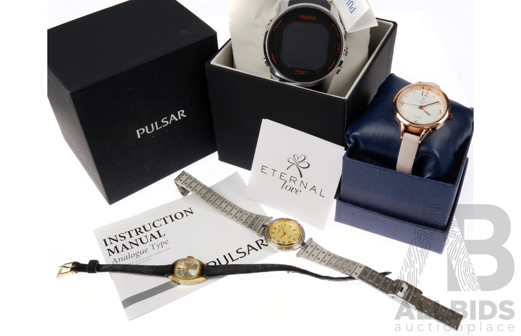 Pulsar Water Resistant 10 Bar W861-X006 Watch, Cartier Quartz Watch, Eternal Love Quartz Watch and Vintage Ladies Seiko