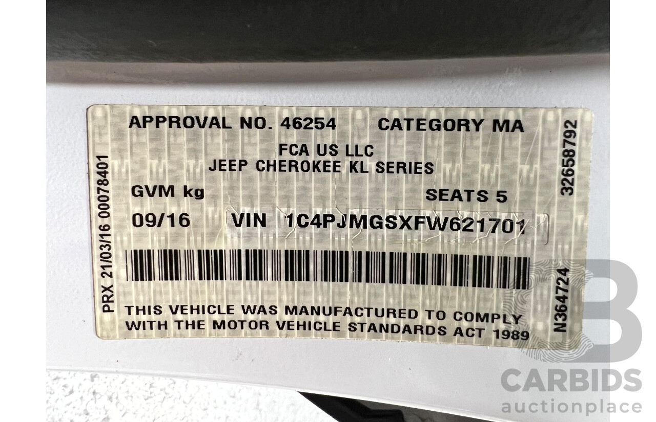 9/2016 Jeep Cherokee Longitude (4x4) KL 4d Wagon White 3.2L V6