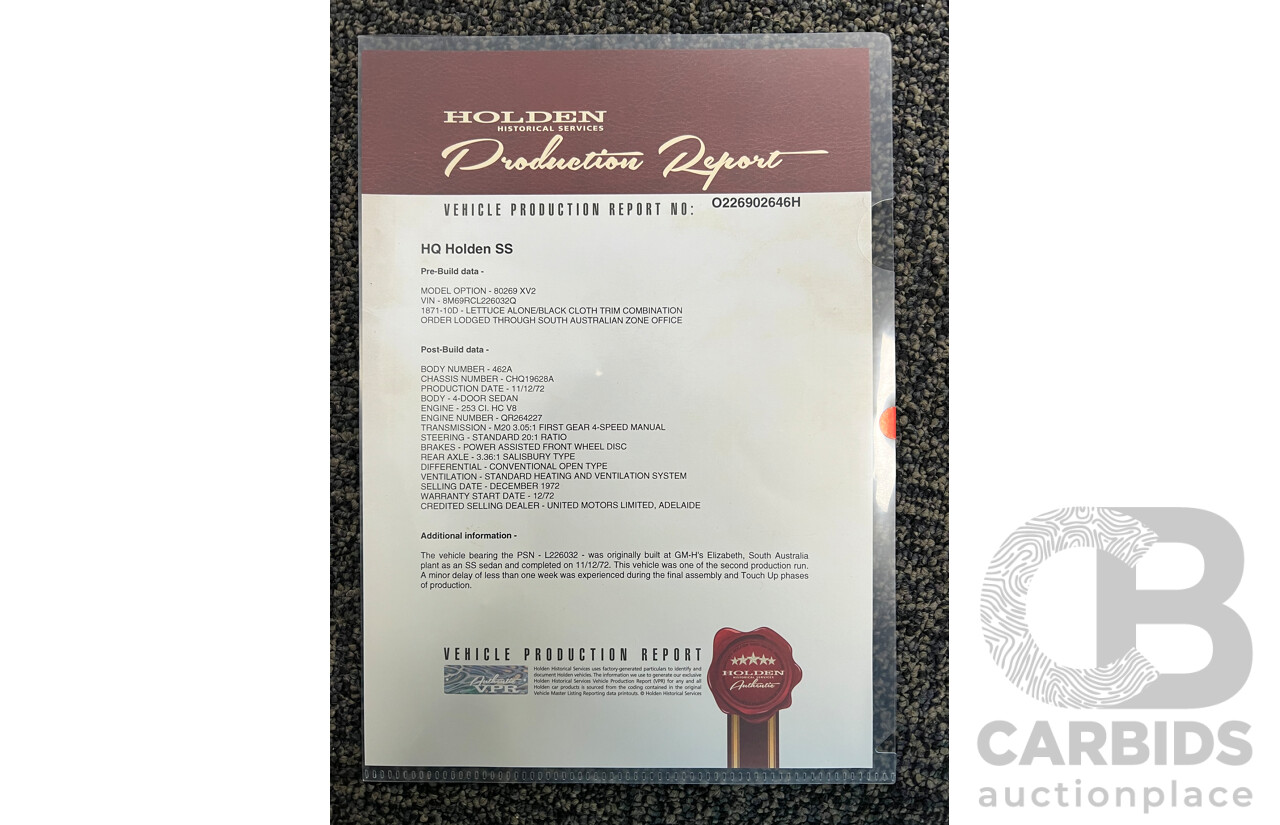 12/1972 Holden SS  HQ 4d Sedan Lettuce Alone 253ci V8 - Project Car