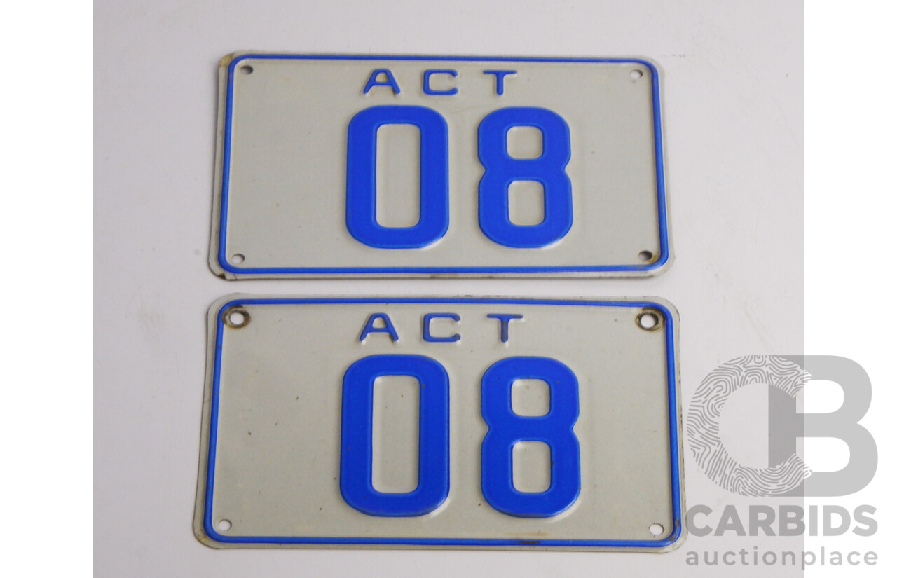 ACT Two Digit Alpha Numeric Number Plate - O8 (Letter O, Number 8)