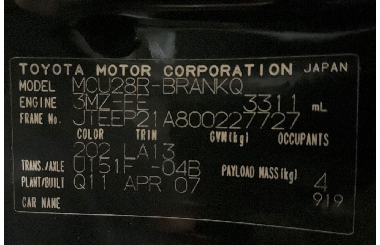 5/2007 Toyota Kluger CVX (4x4) MCU28R UPGRADE 4d Wagon Black 3.3L- 7 Seater