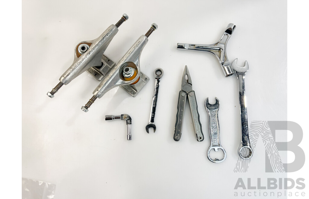 Group of Tools Including Leatherman Kick and Standard Skate Board Trucks Made in USA