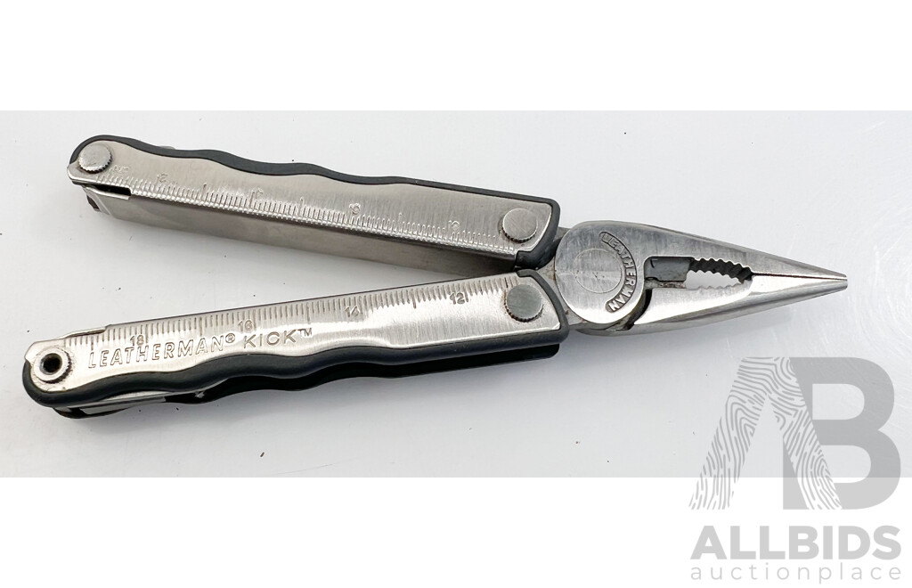 Group of Tools Including Leatherman Kick and Standard Skate Board Trucks Made in USA