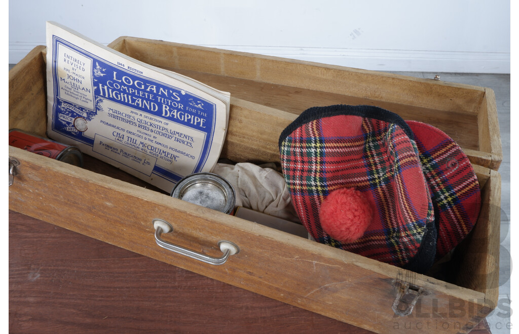 Vintage Scottish Bagpipe with Turned Wood Sections, Brass Fittings, in Case with Accessories and Tartan Hat