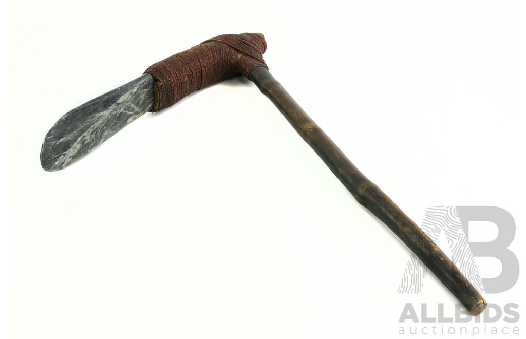 Vintage PNG Green Stone, Wood, and Fibre Bound Adze, Length 52cm