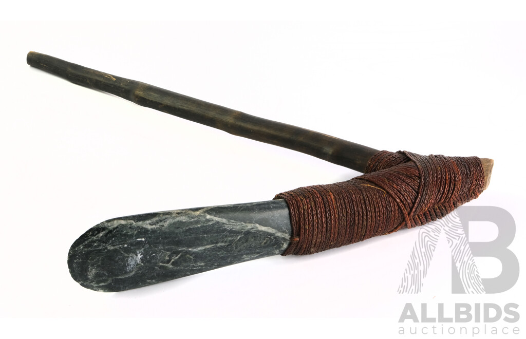 Vintage PNG Green Stone, Wood, and Fibre Bound Adze, Length 52cm