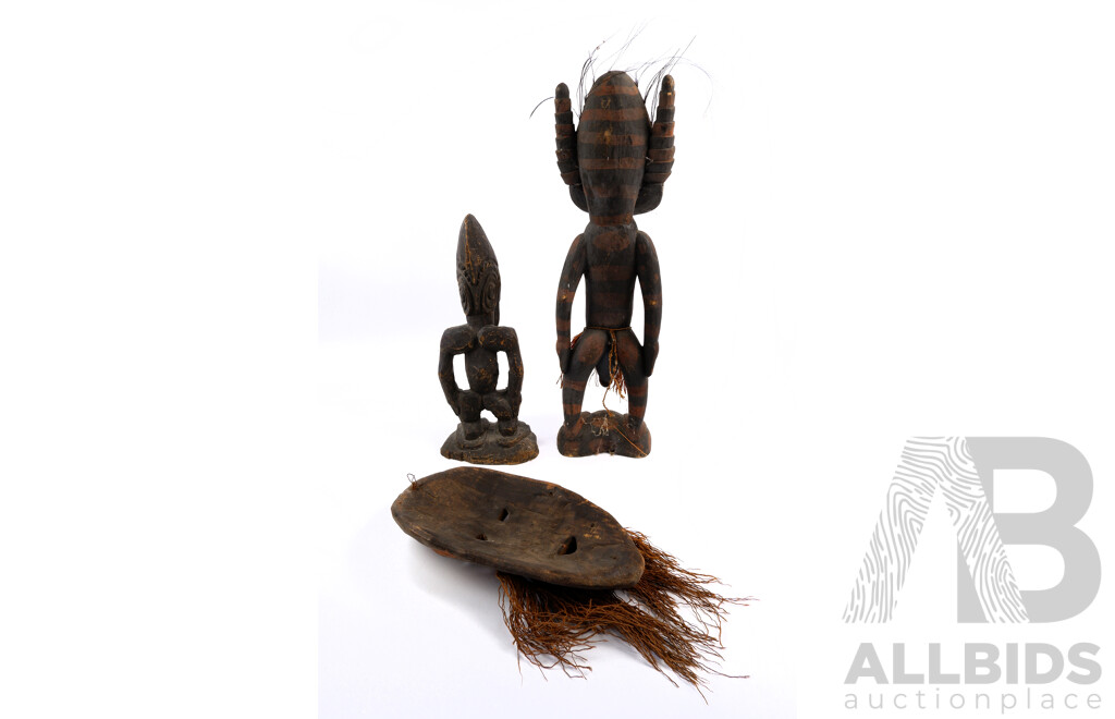 Two Vintage PNG Tribal Ancestor Figures with Shell Eyes, and a Mask with Animal Tooth, Tallest 55cm, (3)