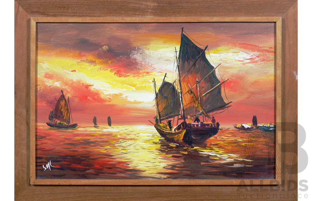 Junks at Sea, Oil on Canvas, 29 x 45 cm