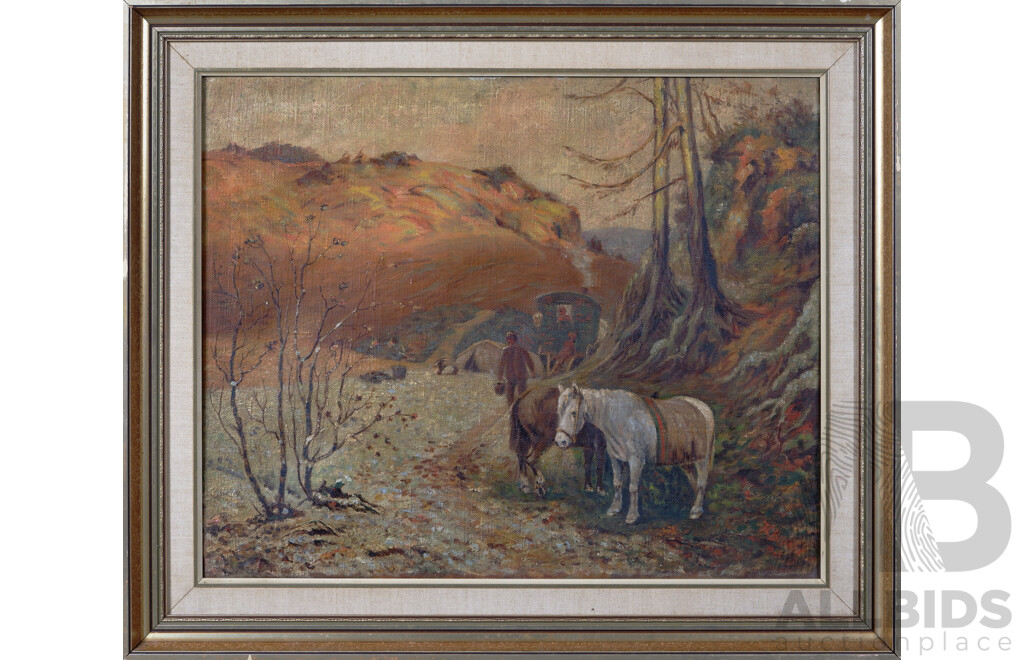 F. C. Bryant (20th Century), Untitled (Farm Scene with Horses and Figures) 1915, Oil on Canvas