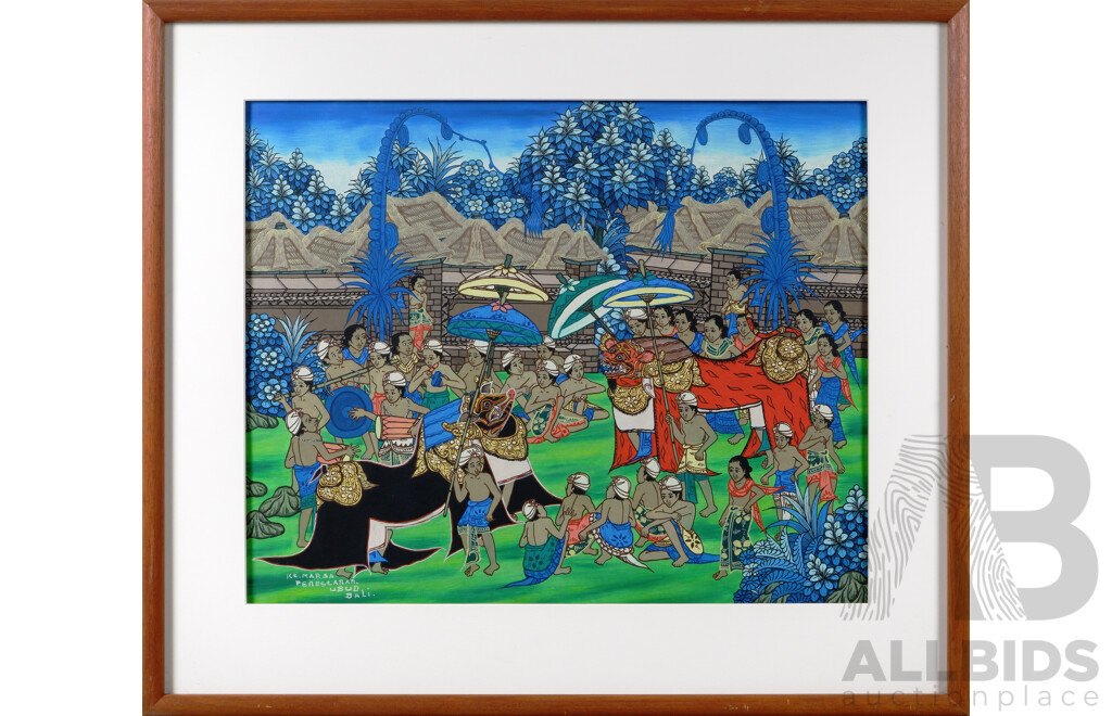 Balinese Keliki School, Village Scene - Ubud, Watercolour and Gouache