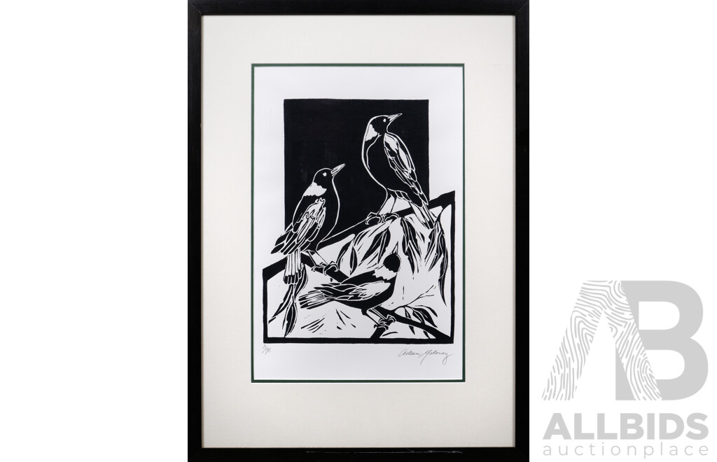 Aileen Maloney (Contemporary, Australian), Untitled (Three Magpies), Linocut