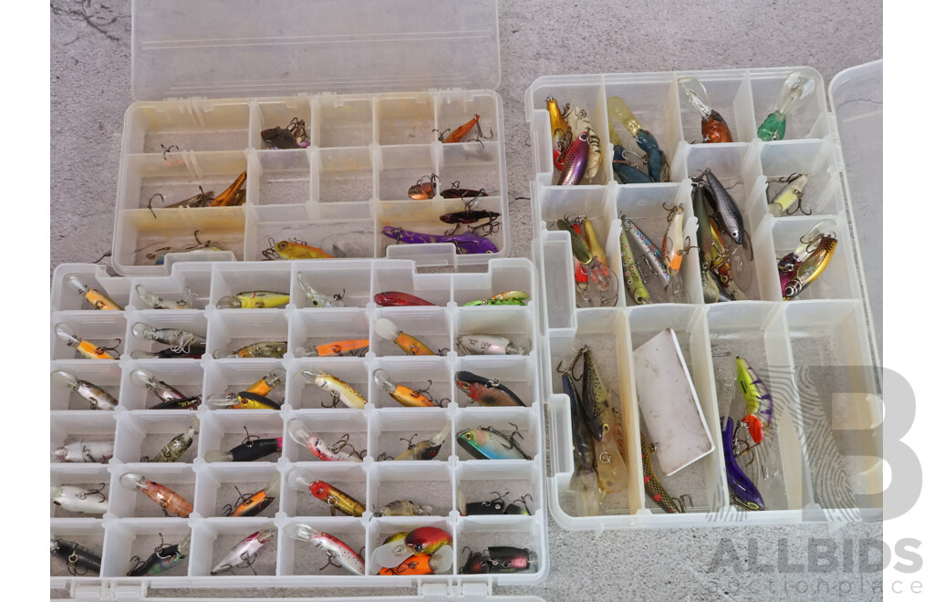 Collection of Vintage Fishing Lures in Three Tackle Boxes